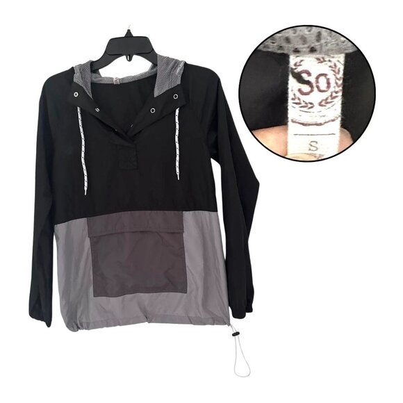 SO Women’s Small Colorblock Anorak Jacket Black Gray Pullover Half-Zip Windbreak - Picture 1 of 4